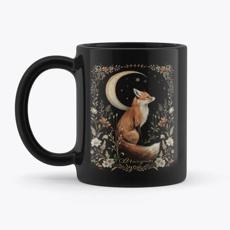 Celestial Fox with Moon and Flowers