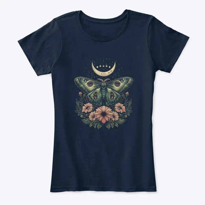 Celestial Moth with Moon and Flowers